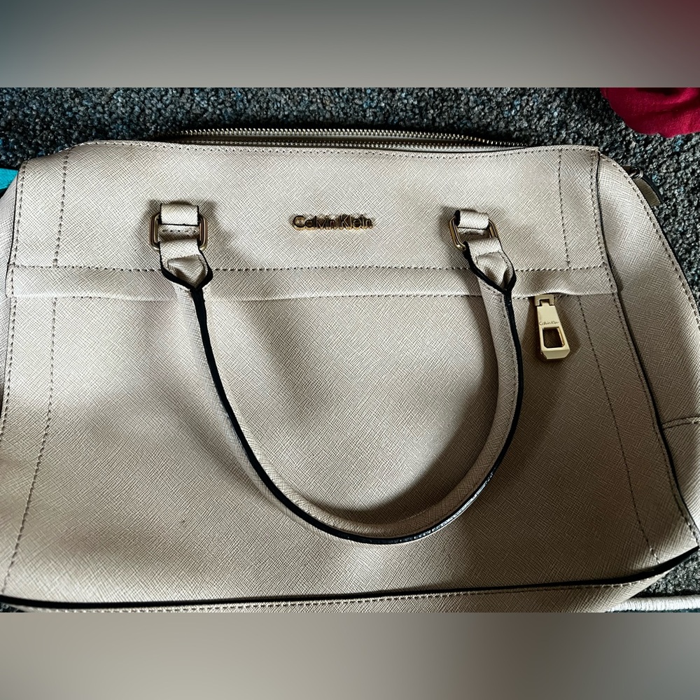 Calvin Klein Beige Satchel with Gold Accents